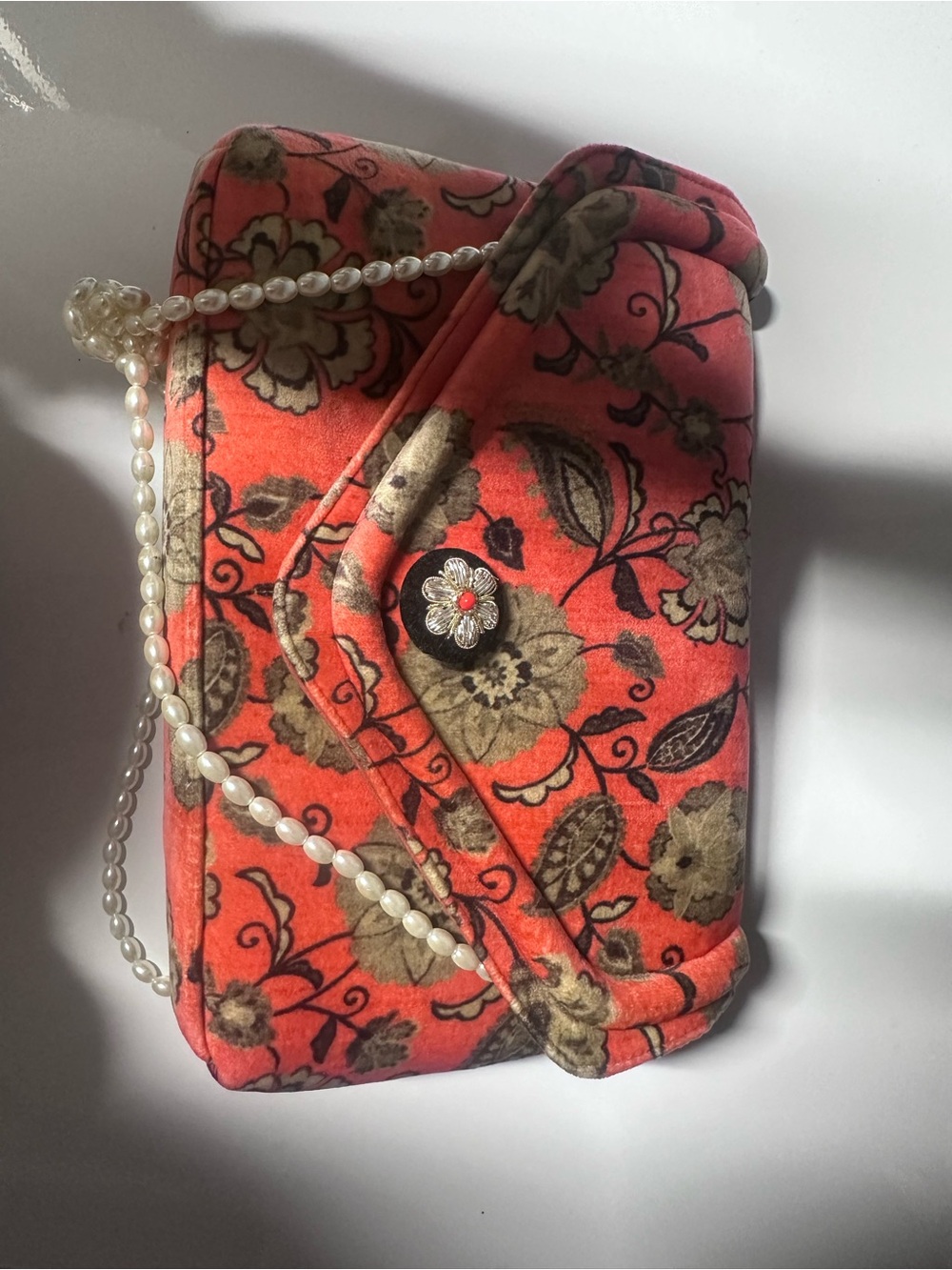 Anthropologie Coral Velvet Floral Pearl-Handle Clutch